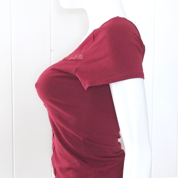NWOT Burgundy Sheer Lace Mesh Cutout Fitted Tee - Picture 10 of 13